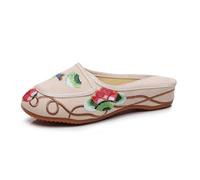 Retro Chinese Style Floral Embroidered Backless Flat Mules Women's Elegant Cheongsam Shoes Lightweight Comfort Closed Toe Slippers Non-Slip Home Slippers(Beige,5.5 UK)