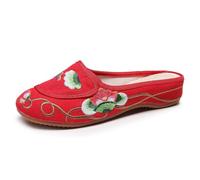 Retro Chinese Style Floral Embroidered Backless Flat Mules Women's Elegant Cheongsam Shoes Lightweight Comfort Closed Toe Slippers Non-Slip Home Slippers(Red,5 UK)
