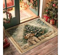 Retro Christmas Cockapoo Dog Black Door Mat Outside Inside Entrance 29''x17'', Winter Xmas Tree Puppy Outdoor Washable Doormat, Small Pet Patio Garage Shoes Off Door Rug