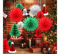 Retro Christmas Decorations Set, 16Pcs Paper Christmas Decorations Indoor Snowflakes Paper Fans Xmas Hats Trees Honeycomb Balls Bell Ceiling Hanging Decoration for Winter Home Xmas Wedding Decor