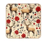 Retro Christmas Elks Red Roses Pattern Non-Slip Microfiber Leather Coasters, 6PCS with Single-Side Print