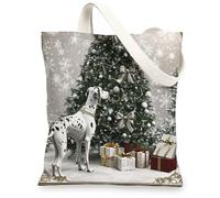 Retro Christmas Great Dane Dog Canvas Tote Bag for Shopping 13x15, Winter Xmas Tree Puppy Reusable Grocery Print Pattern Bag for Women, Pet Aesthetic Painting Gift Decoration
