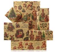 Retro Christmas Kraft Wrapping Paper,4 Sheets Xmas Folded Wrapping Paper Nutcracker Santa Claus Owl Elk Bear Truck Snowman Gift Wrapping Paper for Birthday Baby Shower Kid Party Gift Wrap,20x28 inch