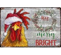 Retro Christmas Metal Tin Sign Christmas Chicken, May Your Days Be Merry And Bright - Funny Chicken Coop Sign Farmhouse Decor and Country Home Display Hen House Farm Decoration 5.5x8 inhces