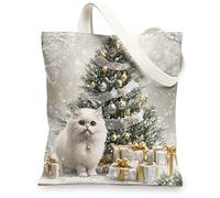 Retro Christmas Persian Cat Canvas Tote Bag for Shopping 13x15, Winter Xmas Tree Animal Reusable Grocery Print Pattern Bag for Women Men, Pet Aesthetic Painting Gift Decor