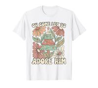 Retro Christmas Tree Oh Come Let Us Adore Him Floral T-Shirt