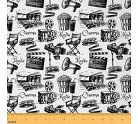 Retro Cinema Fabric by The Yard for DIY Projects,Hand Draw Popcorn Cola Upholstery Fabric for Chairs,Vintage Camera Projector Decorative Fabric,Classic Ancient Theatre Sewing Supplies,2 Yards