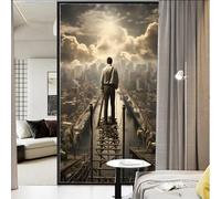 Retro City Window Privacy Film Man on the Wooden Board Stained Glass Window Film Decorative Window Cling for Home Window&Glass Door, Sun Blocking 23.6Wx35.4L inch