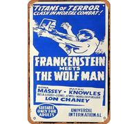 Retro Classic Old Movie FRANKENSTEIN MEETS THE WOLF MAN 60sr Daybill Movie Poster Universal Horror Lon Chaney Jr. Vintage Metal Tin Sign TV Film Poster Gift Karaoke Bar Pub Club Decorative Wall Plates