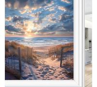 Retro Coastal Beach Window Privacy Film, Beautiful Sea Sand Dunes Sunrise Frosted Stained Glass Window Film Decorative Static Cling for Glass for Home 70x100 cm
