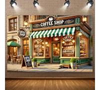 Retro Coffee Shop Backdrop Green White Stripes Booth Decoration Cake Coffee Party Birthday Decorations Kids Portrait Photoshoot Studio Photo Props (A, 9X6FT)