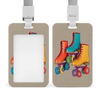 Retro Colorful Roller Skates ID Badge Holder Waterproof Card Protector Push-Pull Slot Work ID Card Holder with Lanyard Personalized Detachable Card Holders for Office Corporate Use