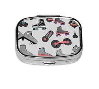 Retro Colorful Roller Skates Print Pill Box 2 Compartment Medicine Pill Case,Portable for Pocket Or Purse Pill Box Decorative Metal Medicine Organizer