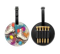 Retro Colorful Roller Skates Printed Golf Tee Holder Fits 5 Tees, Black PU Leather