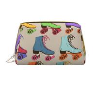 Retro Colorful Roller Skates Printed Leather Makeup Bag for Women Girls - Portable Travel Cosmetic Organiser Toiletry Bag