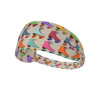 Retro Colorful Roller Skates Printed Running Headband Women, Foldable Adjustable Width, Non Slip for Workout Washing and Spa