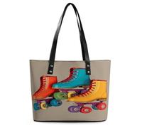 Retro Colorful Roller Skates Tote Bag Large Soft Leather Purse with Zipper Lightweight Ladies Shoulder Handbag