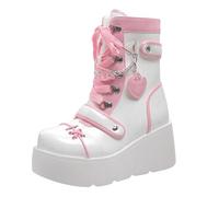 Retro Combat Boots Women, Women's Punk Chunky Lace Up Platform Boots Gothic Ankle Boot Motorcycle Thick Bottom Cute High Heels Wedge Booties with Zip Festivals Halloween Christmas New Year Shoes Pink