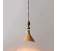 Retro Cone Cafe Pendant Light - Solid Wood Kitchen Island Fixture, Adjustable Cord Mini Chaner with Vintage Brass Socket & Rotary Switch, E27 Ceiling Lamp (Khaki Color)