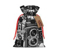 (Retro Cool Camera Collection) Burlap Gift Bags With Drawstring, M Size Holiday Present Goody Bags For Xmas Party