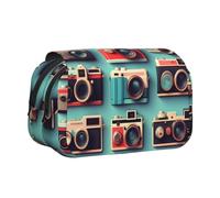 Retro Cool Camera Collection Print Double Clamshell Pen Case, Zipper Pockets, Large Capacity For Art Supplies & Travel