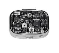 Retro Cool Camera Collection Print Pill Box 2 Compartment Medicine Pill Case,Portable for Pocket Or Purse Pill Box Decorative Metal Medicine Organizer