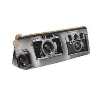 Retro Cool Camera Collection Printed Leather Pencil Case Triangle Pen Pencil Pouch Office Large Pencil Bag Stationery Box for Men Women Teens Students