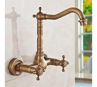 Retro Copper Ancient Walled Kitchen Faucet 360 Degree Kitchen Faucet Cool and Heat Mixer Tap Brass Double Handband Ceramic Belt Aerator,Ordinary High Calabash