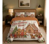 Retro Country Super King Reversible Coverless Duvet | Gingerbread Man Gingerbread House Dog Bed Quilt Soft Washable Lightweight Comforter Bedding Set for All Seasons with 2 Pillowcases, 264x240cm