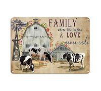 Retro Cow Metal Sign Family Where Life Begins And Love Never Ends Aluminum Sign Cow Farm 10x14in Rust-Proof Metal Art Plaque For Business Home Bar Room Garage
