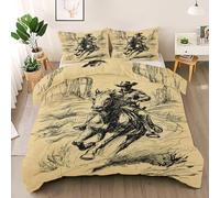 Retro Cowboy Ultra Soft Duvet Cover Double Size, Desert Plant Bedding Set, Durable & Breathable American Culture Comforter Cover Set, Sketch All Season Comfort Quilt Bedding Cover