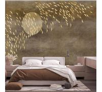 Retro Creative Gold Flying Birds Moon 3D Wallpaper Premium Textured Silk Study Dining Living Room Bedroom Sofa TV Wall Easy Install-150cm×105cm