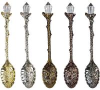 Retro Crystal Antique Alloy Spoon Coffee Tea Spoon Dessert Mini Ice Cream Decorative Spoons Set for Home Office (5 Pcs)