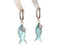 Retro Crystal Fish Dangle Earrings, Lake Blue Iridescent, Silver Plated Hoops with Rhinestone Crown, Summer Style