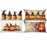 Retro Cushion Covers 40 x 70 Outdoor Cushions Soft Set of 4 Rectangle Decorative Pillows Cover Halloween Pattern Design with Smooth Invisible Zip for Livingroom Sofa Home Decor, Gifts for Women j-q6V