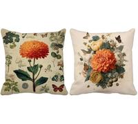 Retro Cushion Covers 60 x 60 Set of 2 Square Outdoor Cushions Waterproof Linen Decorative Pillows Covers Flower Pattern Design with Invisible Zipper for Summer Fall Garden Home Decor Gifts l1-1188x