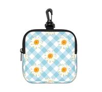 Retro Daisies Flowers Blue Check Pattern, Square Zipper Storage Bag, Neoprene Coin Purse, Small Wallets, Change Pouch, Change Purse