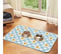 Retro Daisies Flowers Blue Check Pattern,Waterproof Pet Feeding Mat,PU Leather Placemats for Cat Dog Water Bowl,Food Mats,30x45cm