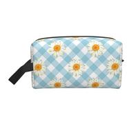 Retro Daisies Flowers Blue Gingham Check PatternMakeup Trave Bag for Women,Cosmetic Large Capacity Organizer