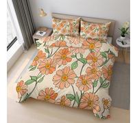 Retro Daisy Duvet Cover King Size 220x230 cm, Flowers Orange Bedding Sets, Soft Reversible Microfiber Quilt Cover and 2 Pillowcases, Zipper Closure H-4