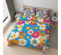 Retro Daisy Duvet Cover Sets, Colorful Flower Bedding Single Bed Set 135x200cm, Soft Reversible Microfiber Quilt Cover & 1 Pillowcases, Zipper Closure PZ&S-15