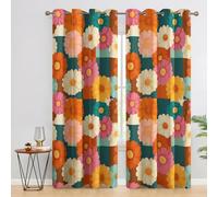 Retro Daisy Flower Blackout Curtains, 70s Checkered Geometric Curtains for Bedroom Living Room, 66x90 Inch Drapes, Eyelet Thermal Window Treatments, 2 Panels A118