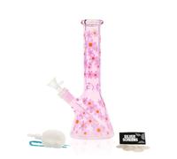 Retro Daisy Glass Bong - Pink Beaker Ice Bong with 14mm Bowl Piece, Cute Glass Water Pipe for Smoking Herb or Dab - 26.5cm Bong Rig with Ice Catcher