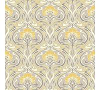 Retro Damask Wallpaper Vintage Flora Nouveau Metallic Silver Grey Yellow YöL