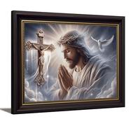 Retro Dark Brown Framed Jesus Praying Canvas Wall Art Good Friday Wall Decor Pictur Christian The Cross Carrier Pigeon Poster Print Painting for Church Prayer Room Living Room Bedroom Home Decoration