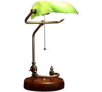 Retro Desk Lamp, Solid Wood Base with Handmade Emerald Green Glass Shade, Antique Style E27 Hotel Desk Light, Vintage Banker Table Lamp