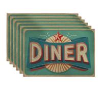 Retro Diner Style Placemats, Blue Vintage Decorative Place mats for Dining Table, Non-Slip Washable Indoor Outdoor Party Tableware Set of 6