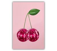 Retro Disco Ball Decor Pink Cherries Poster Funny Trendy Wall Art Cherry Poster Room Aesthetics Girls' Room Bar Cart Living Room Dining Room Wall Art Print Canvas 12x16Inch Unframed