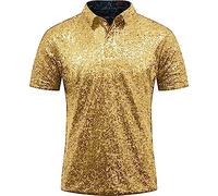 Retro Disco Polo Shirt for Men UK Sparkling Sequined 70S 80S Party Shirts with Lapel Collar Vintage Inspired Hippie Carnival Costume Top Disco Fever Fancy Dress Shirt for Theme Parties Gold