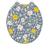 Retro Ditsy Floral Round Resin Toilet Seat Yellow White Light Blue Quiet Close Quick Release Hinges Cover Bumpers Decorative Easy to Install Clean